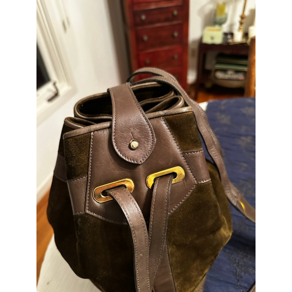 Celine Green-Brown Suede & Brown Leather Triomphe Bucket Shoulder Bag - Picture 9 of 16